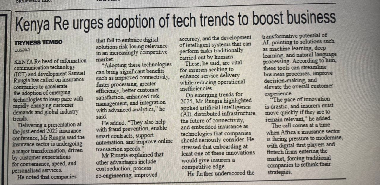 KENYA RE FEATURED IN ZAMBIA DAILY MAIL NEWSPAPER